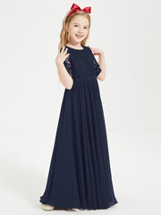 Long Junior Bridesmaid Gown Lace Top Half Sleeves Dark Navy