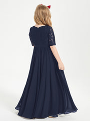 Long Junior Bridesmaid Gown Lace Top Half Sleeves Dark Navy