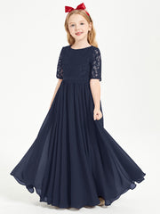 Long Junior Bridesmaid Gown Lace Top Half Sleeves Dark Navy