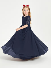 Long Junior Bridesmaid Gown Lace Top Half Sleeves Dark Navy