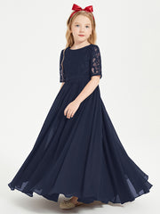 Long Junior Bridesmaid Gown Lace Top Half Sleeves Dark Navy