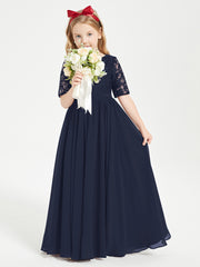 Long Junior Bridesmaid Gown Lace Top Half Sleeves Dark Navy