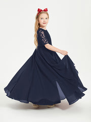 Long Junior Bridesmaid Gown Lace Top Half Sleeves Dark Navy