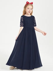 Long Junior Bridesmaid Gown Lace Top Half Sleeves Dark Navy