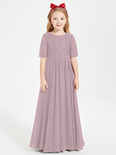 Long Junior Bridesmaid Gown Lace Top Half Sleeves Dusk