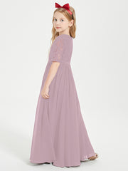 Long Junior Bridesmaid Gown Lace Top Half Sleeves Dusk