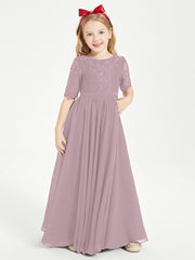 Long Junior Bridesmaid Gown Lace Top Half Sleeves Dusk