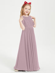 Long Junior Bridesmaid Gown Lace Top Half Sleeves Dusk