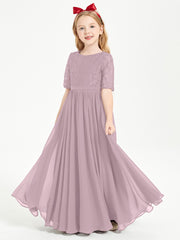 Long Junior Bridesmaid Gown Lace Top Half Sleeves Dusk