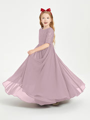 Long Junior Bridesmaid Gown Lace Top Half Sleeves Dusk