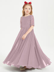 Long Junior Bridesmaid Gown Lace Top Half Sleeves Dusk
