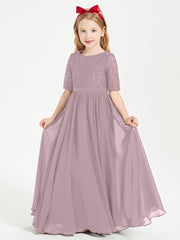 Long Junior Bridesmaid Gown Lace Top Half Sleeves Dusk