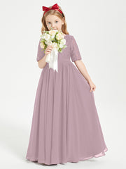 Long Junior Bridesmaid Gown Lace Top Half Sleeves Dusk
