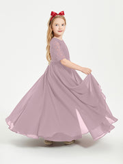 Long Junior Bridesmaid Gown Lace Top Half Sleeves Dusk