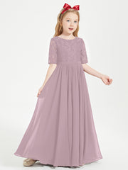 Long Junior Bridesmaid Gown Lace Top Half Sleeves Dusk
