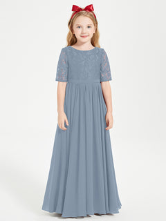 Long Junior Bridesmaid Gown Lace Top Half Sleeves Dusty Blue