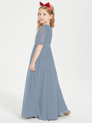 Long Junior Bridesmaid Gown Lace Top Half Sleeves Dusty Blue