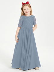 Long Junior Bridesmaid Gown Lace Top Half Sleeves Dusty Blue