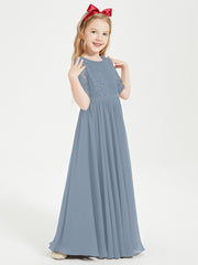 Long Junior Bridesmaid Gown Lace Top Half Sleeves Dusty Blue