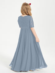 Long Junior Bridesmaid Gown Lace Top Half Sleeves Dusty Blue