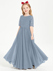 Long Junior Bridesmaid Gown Lace Top Half Sleeves Dusty Blue