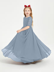Long Junior Bridesmaid Gown Lace Top Half Sleeves Dusty Blue