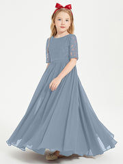 Long Junior Bridesmaid Gown Lace Top Half Sleeves Dusty Blue