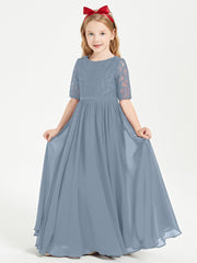 Long Junior Bridesmaid Gown Lace Top Half Sleeves Dusty Blue