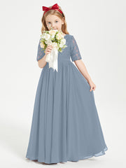 Long Junior Bridesmaid Gown Lace Top Half Sleeves Dusty Blue