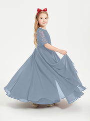 Long Junior Bridesmaid Gown Lace Top Half Sleeves Dusty Blue