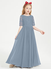 Long Junior Bridesmaid Gown Lace Top Half Sleeves Dusty Blue