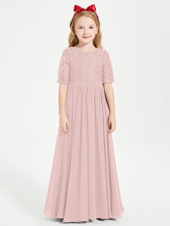 Long Junior Bridesmaid Gown Lace Top Half Sleeves Dusty Rose