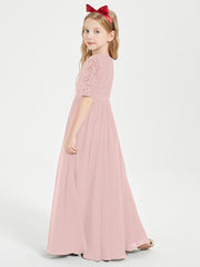 Long Junior Bridesmaid Gown Lace Top Half Sleeves Dusty Rose