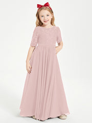 Long Junior Bridesmaid Gown Lace Top Half Sleeves Dusty Rose