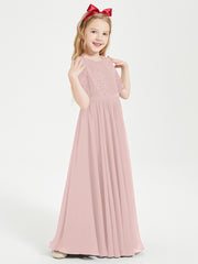 Long Junior Bridesmaid Gown Lace Top Half Sleeves Dusty Rose