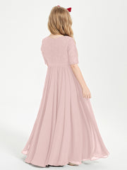Long Junior Bridesmaid Gown Lace Top Half Sleeves Dusty Rose