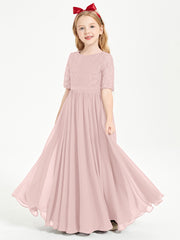Long Junior Bridesmaid Gown Lace Top Half Sleeves Dusty Rose