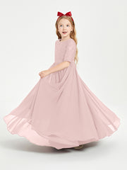 Long Junior Bridesmaid Gown Lace Top Half Sleeves Dusty Rose