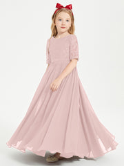 Long Junior Bridesmaid Gown Lace Top Half Sleeves Dusty Rose