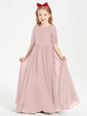 Long Junior Bridesmaid Gown Lace Top Half Sleeves Dusty Rose