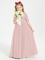 Long Junior Bridesmaid Gown Lace Top Half Sleeves Dusty Rose