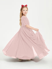 Long Junior Bridesmaid Gown Lace Top Half Sleeves Dusty Rose
