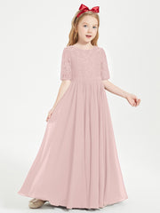 Long Junior Bridesmaid Gown Lace Top Half Sleeves Dusty Rose