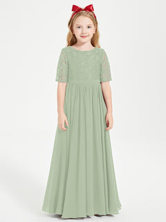 Long Junior Bridesmaid Gown Lace Top Half Sleeves Dusty Sage