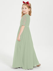 Long Junior Bridesmaid Gown Lace Top Half Sleeves Dusty Sage