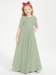 Long Junior Bridesmaid Gown Lace Top Half Sleeves Dusty Sage