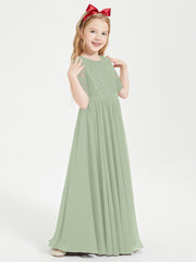 Long Junior Bridesmaid Gown Lace Top Half Sleeves Dusty Sage