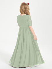 Long Junior Bridesmaid Gown Lace Top Half Sleeves Dusty Sage