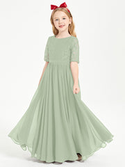 Long Junior Bridesmaid Gown Lace Top Half Sleeves Dusty Sage