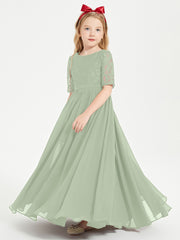 Long Junior Bridesmaid Gown Lace Top Half Sleeves Dusty Sage